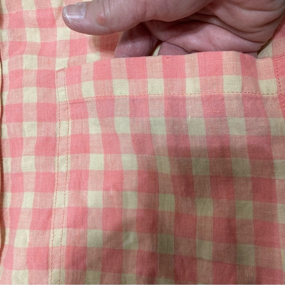 Lou & Grey Linen Gingham Shirtdress Women XSP V-neck Pockets pink & tan check - Picture 10 of 10